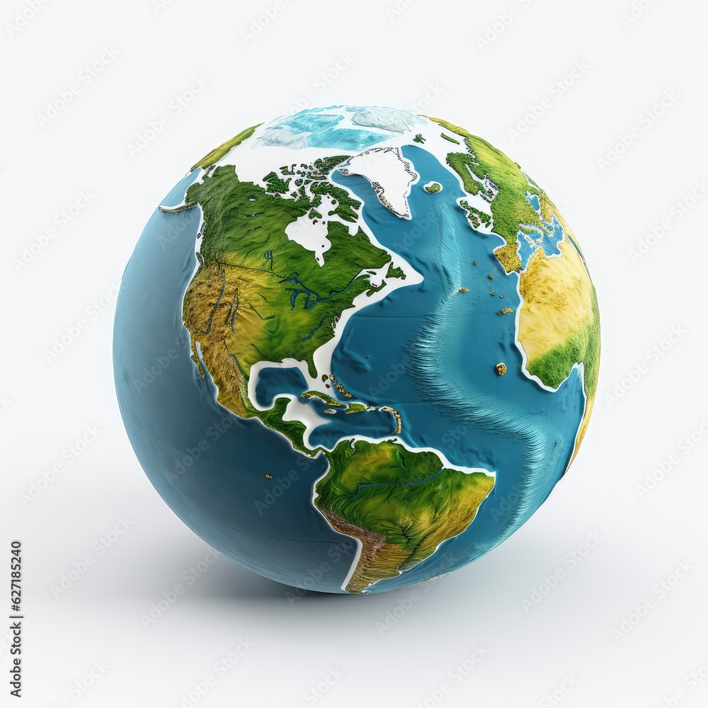 Fototapeta premium Planet Earth globe, isolated on white. Geography of the world from space. AI Generative.