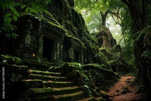 Lush Green Rainforest Ancient Overgrown Temple. Generative Ai