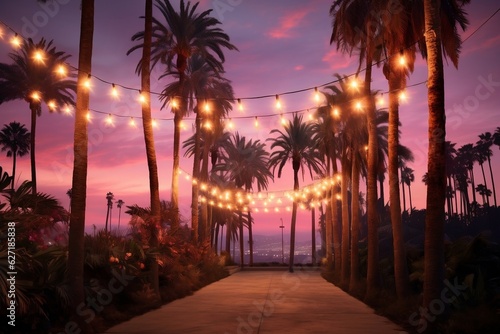 Sunset Serenade Palm Trees and String Lights. Generative Ai