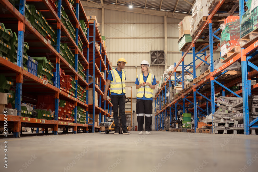 Two warehouse workers pushing a pallet truck in a shipping and distribution warehouse. Two warehouse workers pushing a pallet truck in a shipping and distribution warehouse.