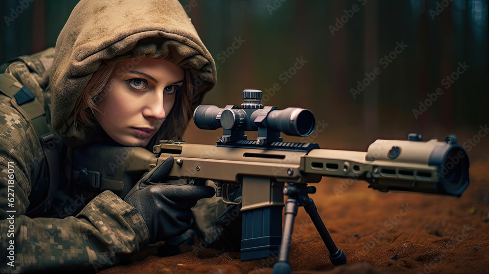 Fototapeta premium photo of woman soldier holding a gun, sniper.Generative ai