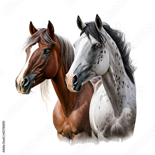 two horses portrait with long mane on transparent background.