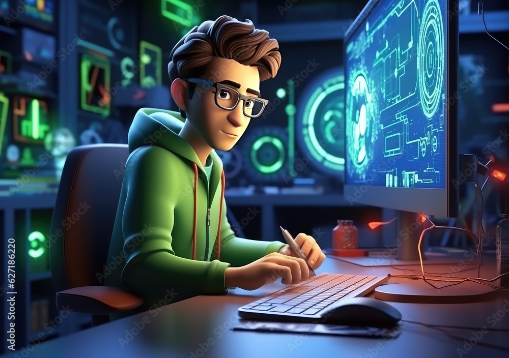 3D cartoon using laptops and sitting in chairs. Cute cartoon working, playing social media, technology futuristic, poster. AI Generative. 3D cartoon using laptops and sitting in chairs. Cute cartoon working, playing social media, technology futuristic, poster. AI Generative.