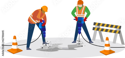 man working with hammer drill vector illustration, Worker In Protective Uniform drilling the concrete, construction concept