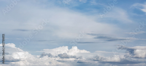 Fototapeta Naklejka Na Ścianę i Meble -  Cumulus fluffy clouds in sunny day, banner. Nature atmospher background