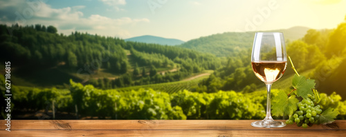 Still life with wine glass on wooden table over background of panoramic view of lush vineyards at sunset.