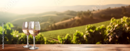 Still life with wine glass on wooden table over background of panoramic view of lush vineyards at sunset.