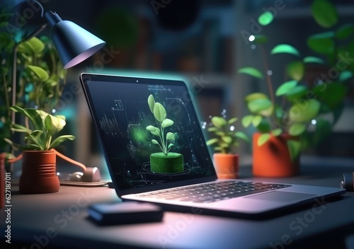 3D cartoon using laptops and sitting in chairs. Cute cartoon working, playing social media, technology futuristic, poster. AI Generative.
