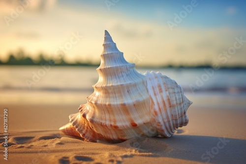 Beach Bokeh Background: Spyder Conch Shell. Generative Ai