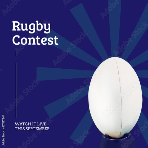 Rugby contest text in white on blue with white rugby ball