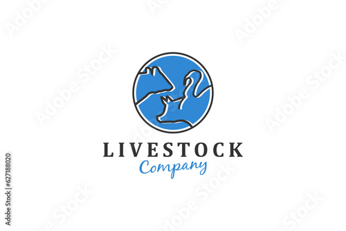 Livestock animal cattle farm logo design cow turkey line style