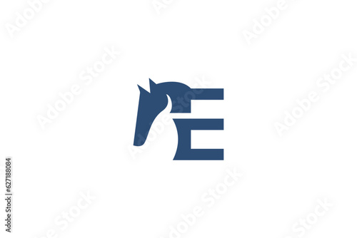 Horse head logo silhouette equestrian icon symbol E letter initial