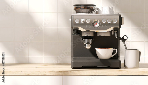 Foto Black, silver professional espresso making machine, white coffee cup on wood cou