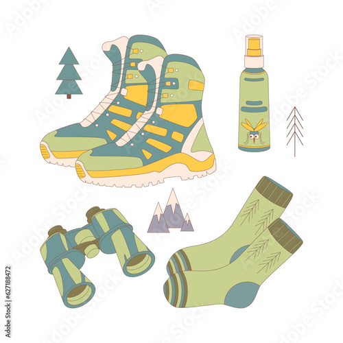 Camping and hiking set, drawn elements — footwear, socks, mosquito, spray, binoculars.