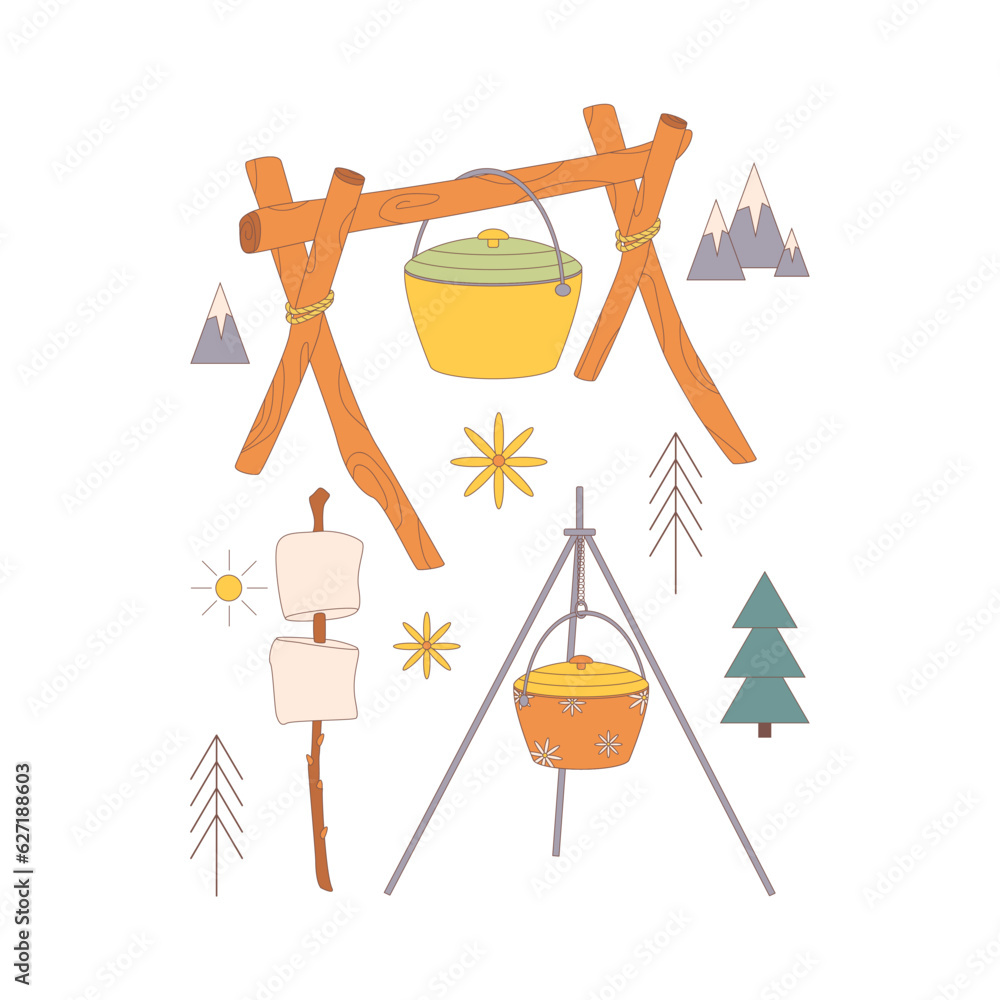 Marshmallow, cauldron. Drawn elements for camping and hiking. Wilderness survival, travel, hiking, outdoor recreation, tourism. Marshmallow, cauldron. Drawn elements for camping and hiking. Wilderness survival, travel, hiking, outdoor recreation, tourism.