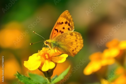 Beautiful cute yellow butterfly on orange flower in nature with defocused background