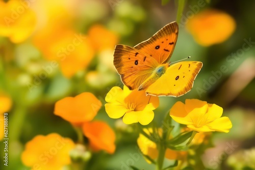 Beautiful cute yellow butterfly on orange flower in nature with defocused background