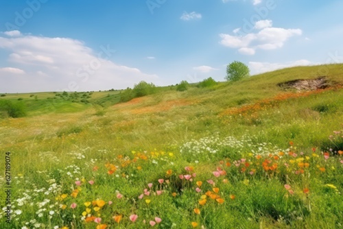 Beautiful natural spring summer landscape of a flowering against the blue sky