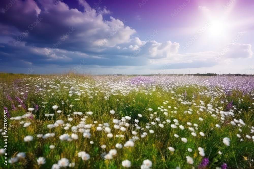 Beautiful spring-summer natural landscape with a field of purple daisy