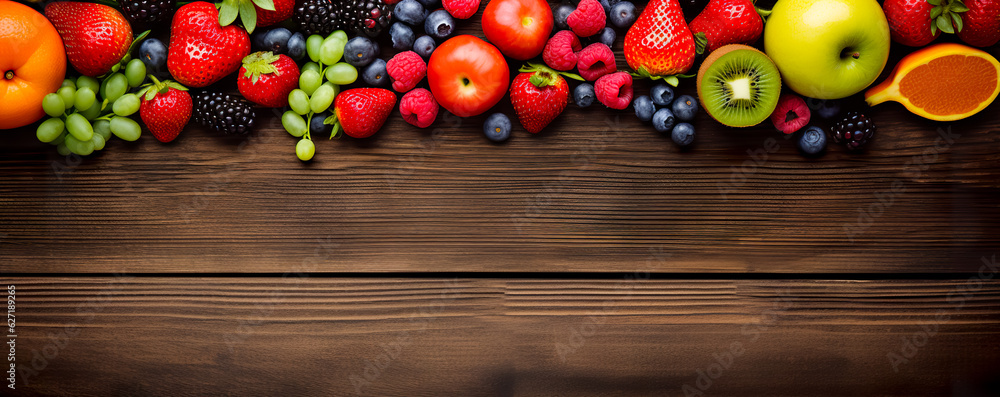 Wide collage of fresh fruits and vegetables for layout on wood background. Copy space Wide collage of fresh fruits and vegetables for layout on wood background. Copy space