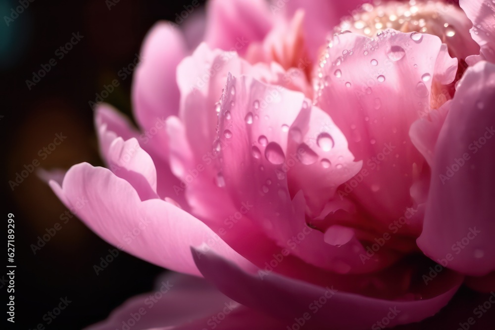 Beautiful transparent drops of water or dew with sun glare on peony flower