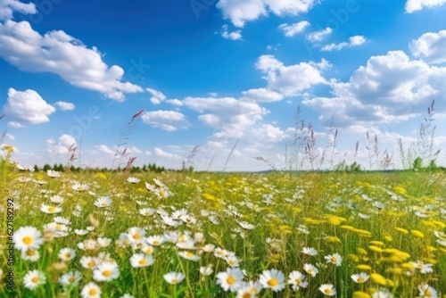 Beautiful sun-drenched spring summer meadow. Natural color blue sky 