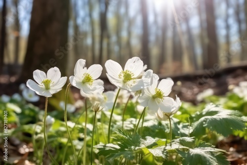 Beautiful white flowers of anemones in spring in a forest