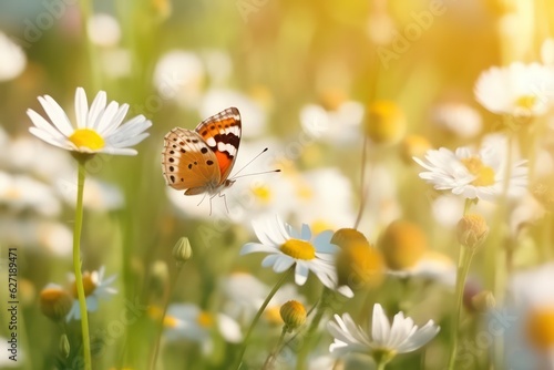 Beautiful wild flowers daisies and butterfly in morning sunlight