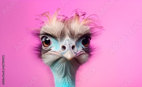 Creative Animal Concept. Ostrich peeking over pastel bright background. Generative AI. © Curioso.Photography