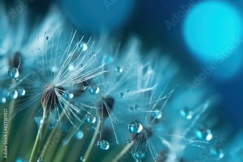 Dandelion Seeds in droplets of water on blue and turquoise wallpaper background