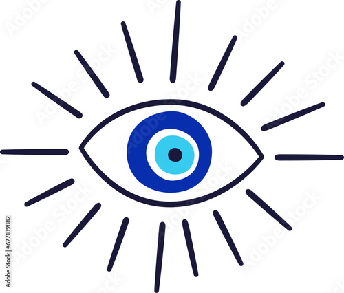 Evil eye talisman icon. Turkish or greek eye symbol. Greece ethnic magic amulet. Mystical blue hamsa icon in hand drawn style. Nazar amulet symbol. Vector illustration isolated in doodle style.