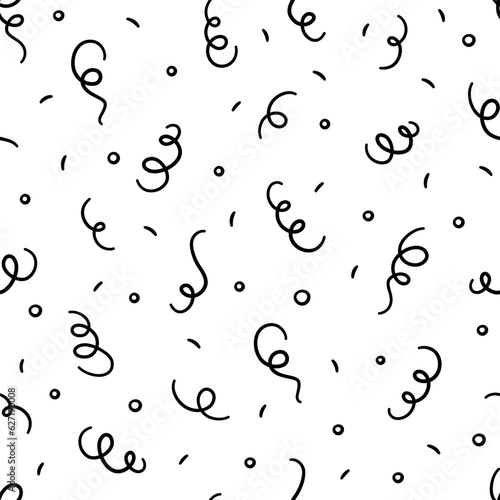 Doodle confetti and streamers seamless pattern. Hand drawn celebration falling confetti. Doodle party firecracker seamless texture. Popper pattern. Vector illustration on white background.