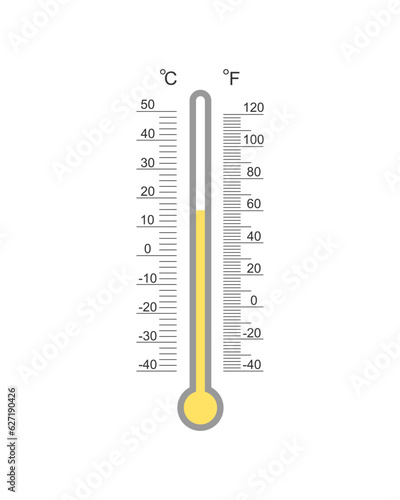 Meteorological with Celsius and Fahrenheit thermometer degree scale with warm spring or fall temperature index. Outdoor temperature measuring tool isolated on white background. Vector illustration