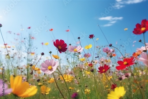 Multicolored cosmos flowers in meadow in spring summer © SaraY Studio 
