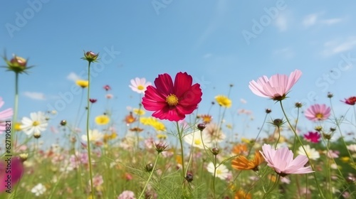 Multicolored cosmos flowers in meadow in spring summer