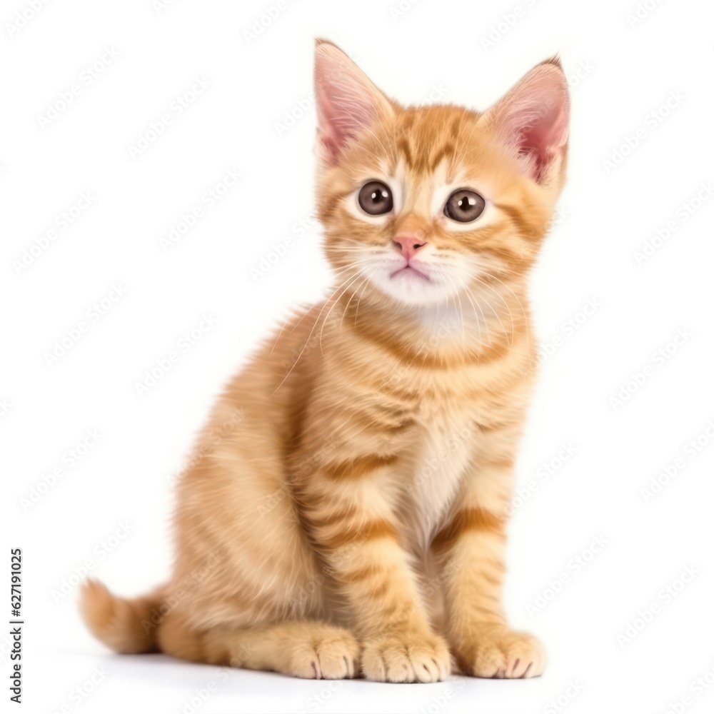 Obraz premium Portrait of a ginger kitten with yellow eyes isolated on white background
