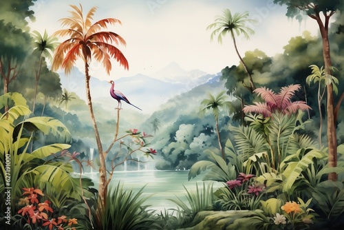 Aqua Jungle Oasis Birds and Palms in Watercolor Scene. Generative AI