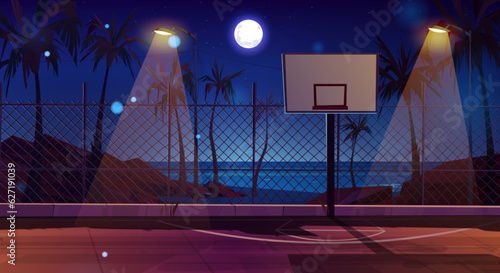 Night basketball court on seashore. Vector cartoon illustration of dark playground for outdoor sport activities illuminated by street lamps, sea beach with rocky stones, moon and stars glowing in sky