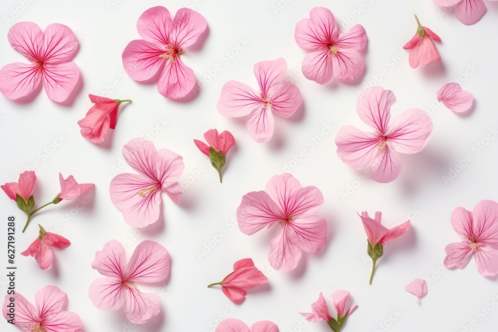 Set of pink flowers and geranium petals. Floral isolated on white background