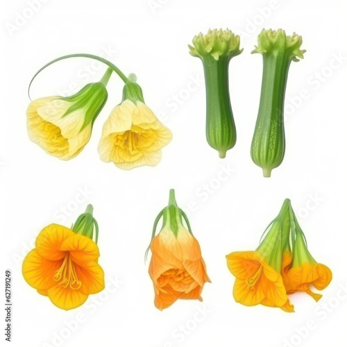 set of courgette flower isolated on white background