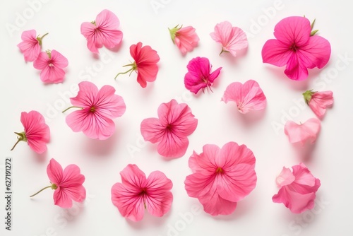 Set of pink flowers and geranium petals. Floral isolated on white background