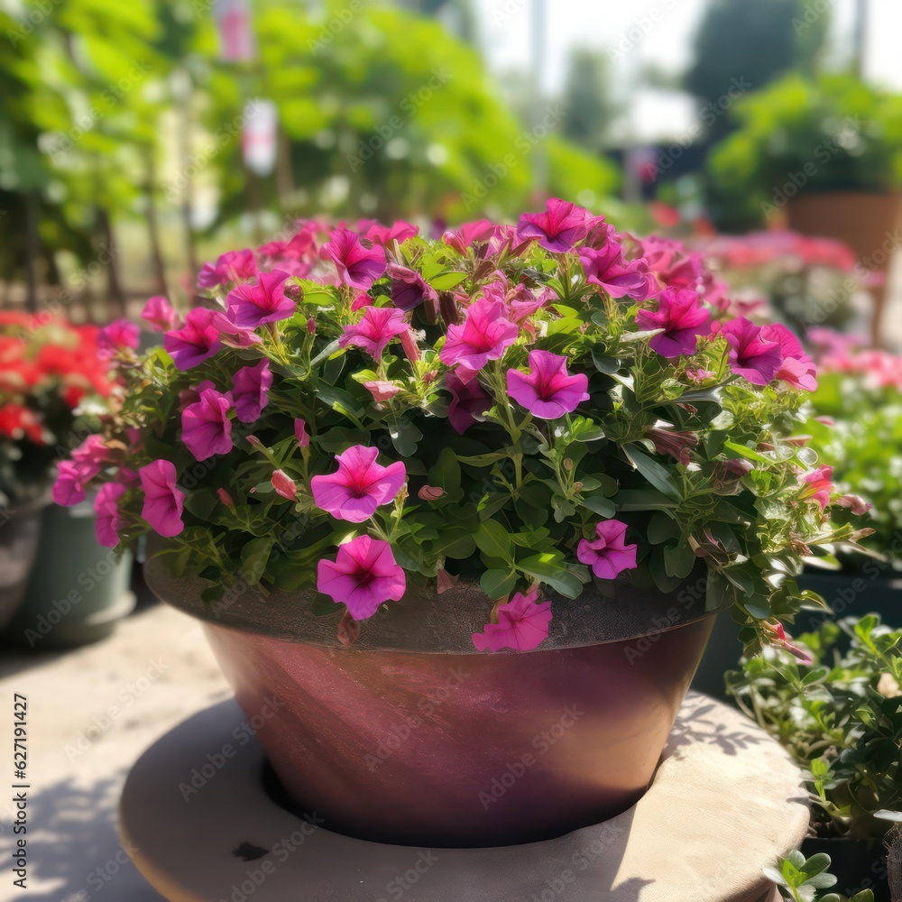 Surfinia pot in garden center background