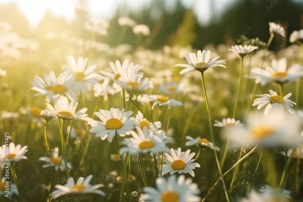 Sunlit field of daisies close-up. Chamomile flowers on a filed grass