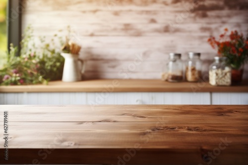 Farmhouse Kitchen Background Wooden Tabletop with Blur. Generative Ai