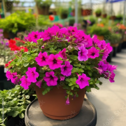 Surfinia pot in garden center background