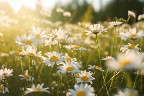 Sunlit field of daisies close-up. Chamomile flowers on a filed grass