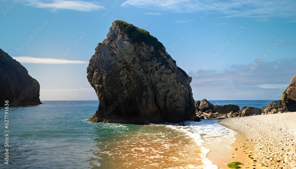 beach in the summer, large rock sticking out of the ocean next to a beach, ocean coast, sea, water, ocean, island, sky, landscape, sand, nature, rock, bay, wave, vacation, seascape, AI Generated