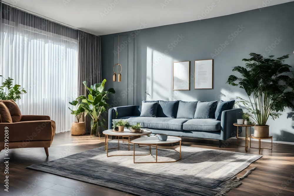 Fototapeta premium image of interior of gray walled living room with comfortable sofa center table carpet curtains potted plants while window sunlight illuminating