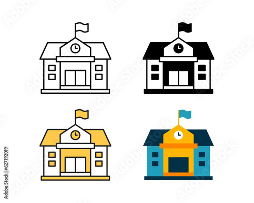 school building icon vector design in 4 style line, glyph, duotone, and flat.
