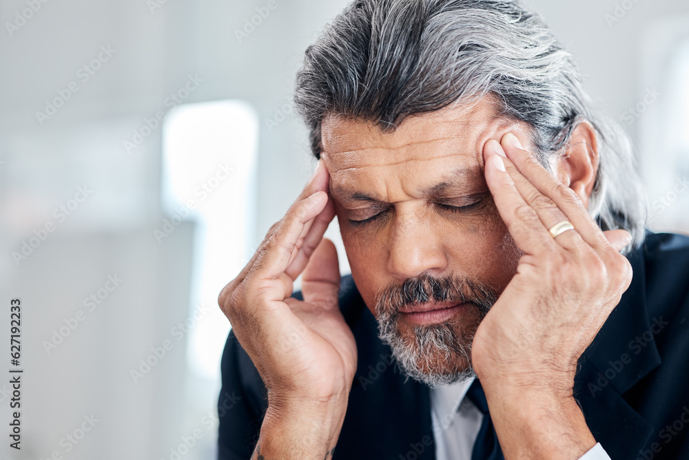 Headache, face and senior business man with depression, corporate mistake or mental health crisis. Office anxiety, migraine pain and professional elderly person stress, problem and overwhelmed Headache, face and senior business man with depression, corporate mistake or mental health crisis. Office anxiety, migraine pain and professional elderly person stress, problem and overwhelmed